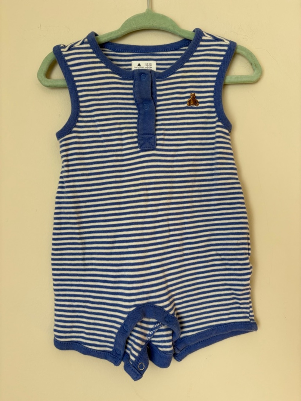 GAP Baby Striped Blue & White Sleeveless Romper with Bear Detail 0-3M